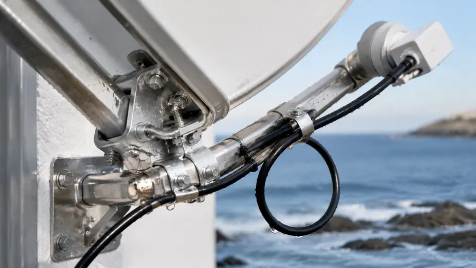 Anclaje inoxidable y cable con bucle de goteo junto al mar