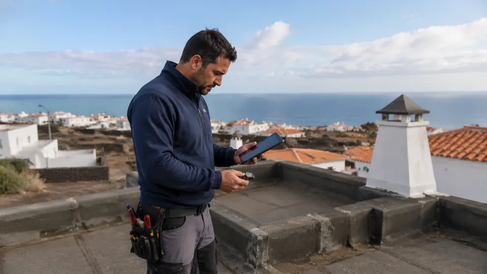Técnico estudiando la mejor ubicación para una antena en una azotea
