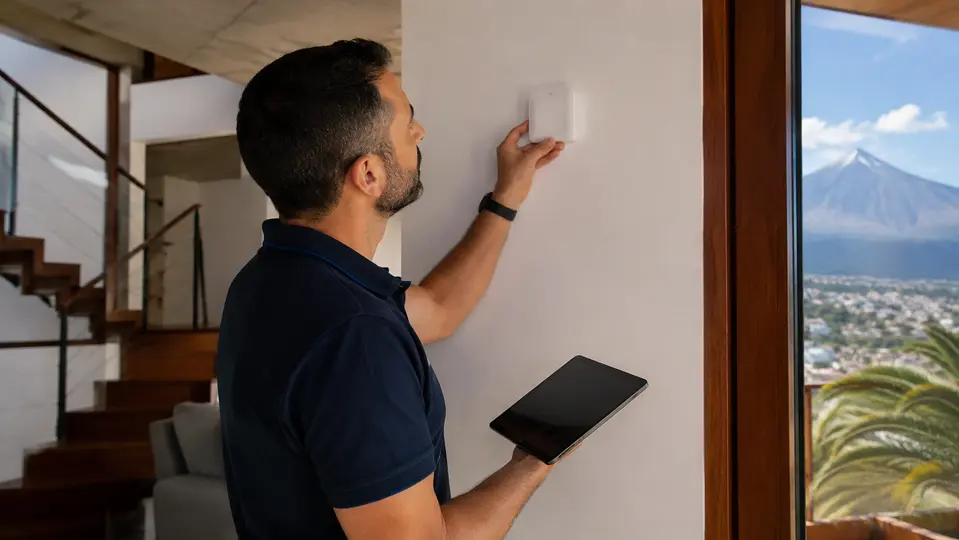 Técnico realizando un estudio wifi en una vivienda de Tenerife