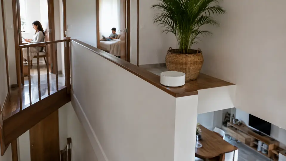 Nodo wifi mesh situado en el rellano abierto de una vivienda