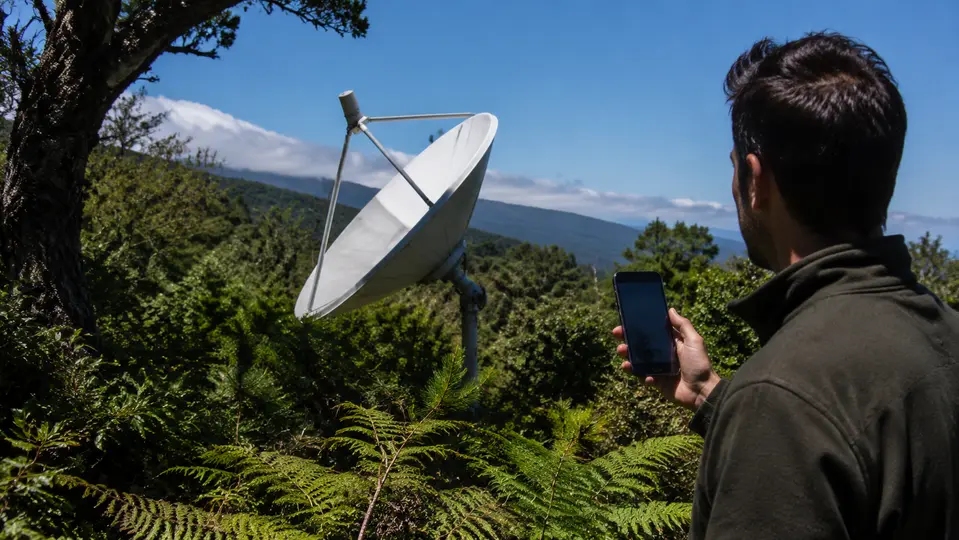 Comprobación de árboles alrededor de una antena satelital en La Palma