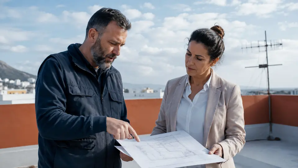 Técnico explicando el plan de instalación en una comunidad de vecinos