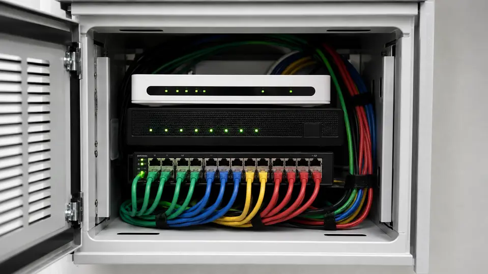 Armario de comunicaciones con equipos de red y cableado organizado