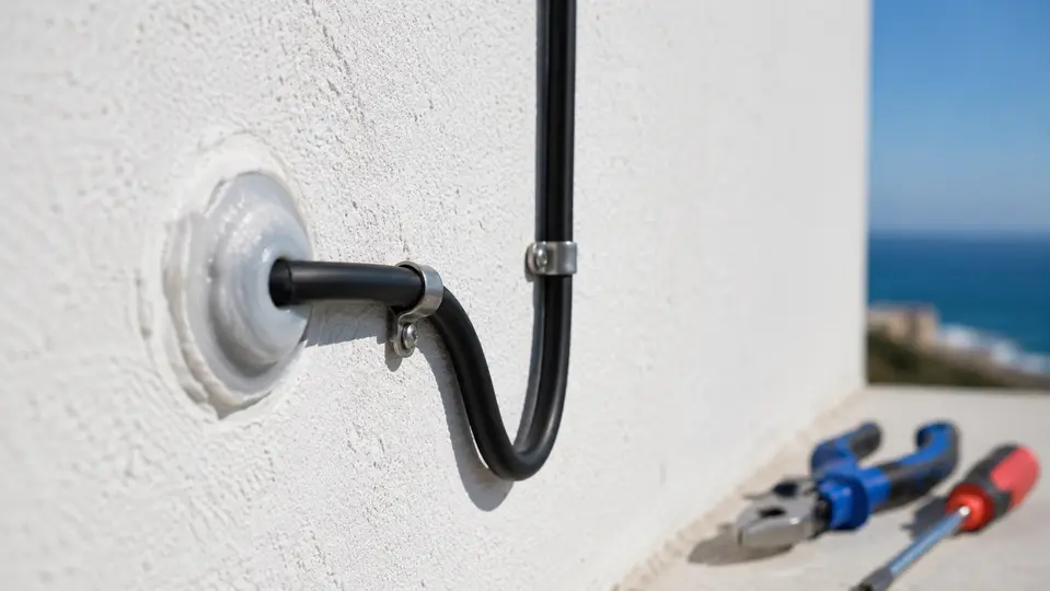 Entrada de cable sellada y con bucle de goteo en una pared exterior