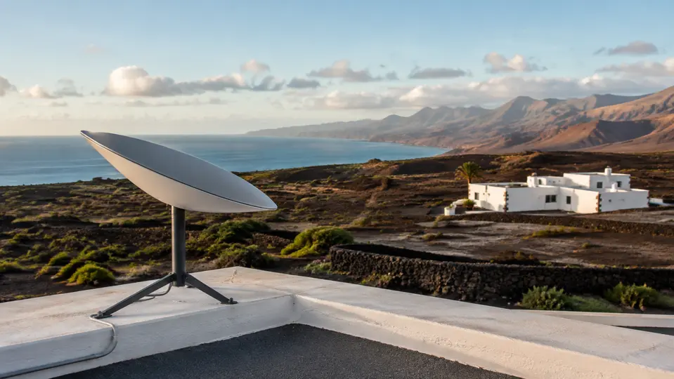 Antena de internet por satélite instalada en una azotea con paisaje volcánico de Canarias