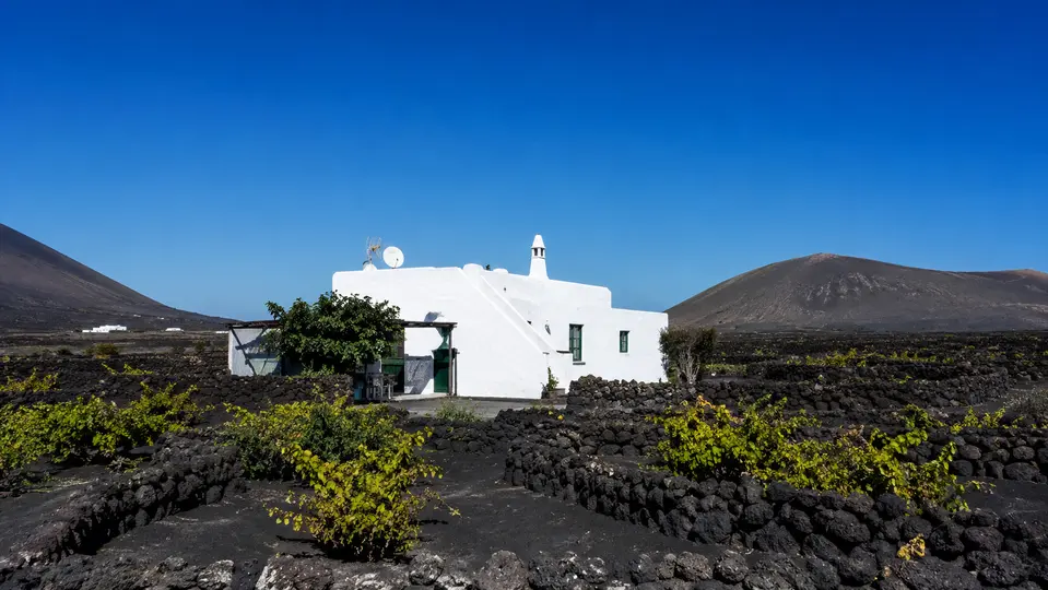 Casa blanca con antena satelital entre viñedos volcánicos de Lanzarote