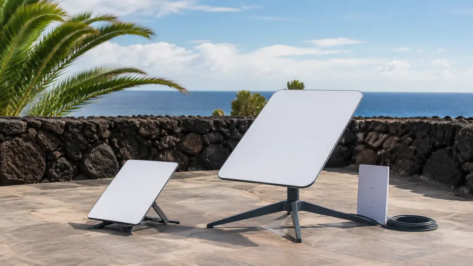 Comparación visual entre una antena satelital compacta y un kit estándar