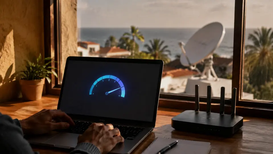 Prueba de velocidad de internet en un portátil conectado desde Canarias