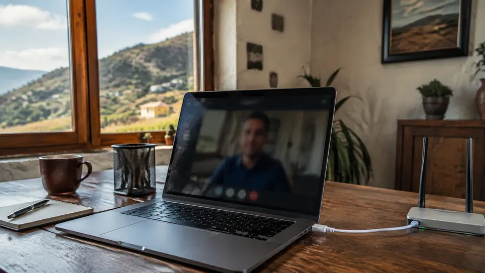 Portátil conectado por cable durante una videollamada en una zona rural